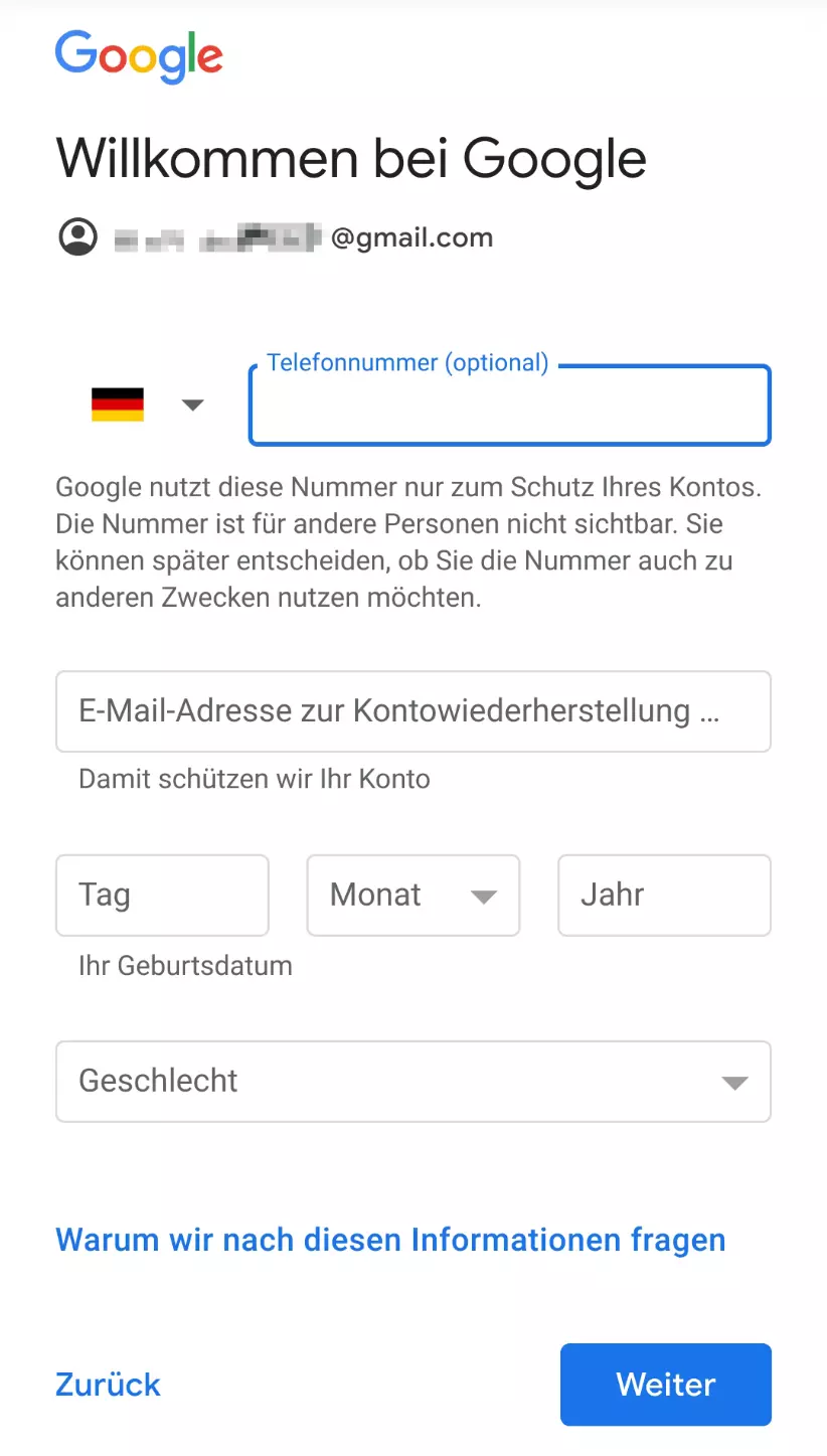 Eingabe weiterer persönlicher Daten wie Telefonnummer und Geburtsdatum bei Google