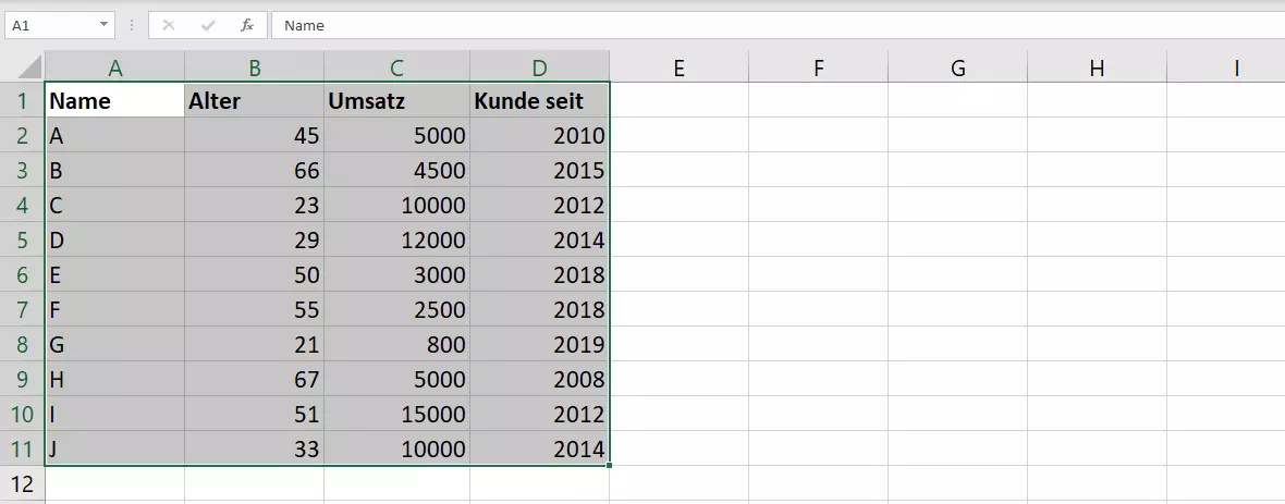 Markierter Datensatz in Excel 2016