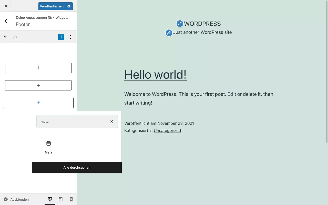 Meta-Widget im WordPress-Customizer auswählen