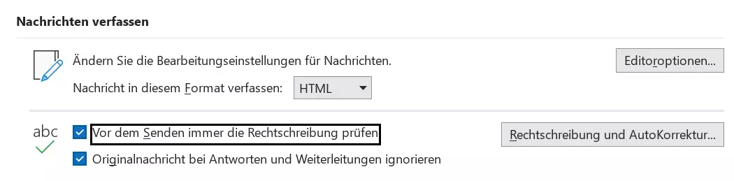 Meldung der automatischen Rechtschreibprüfung in Outlook