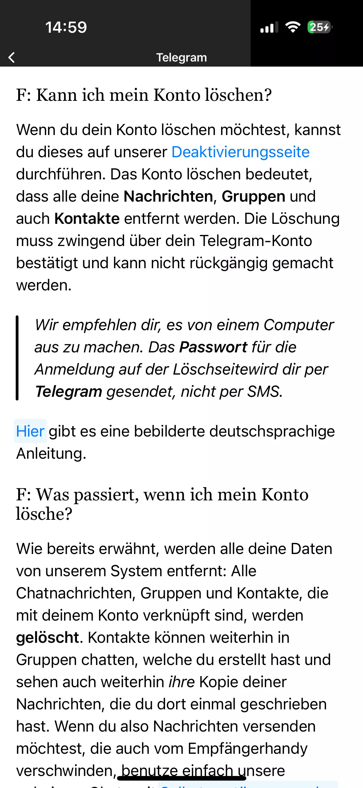 Telegram-App-FAQs „Mein Konto löschen“