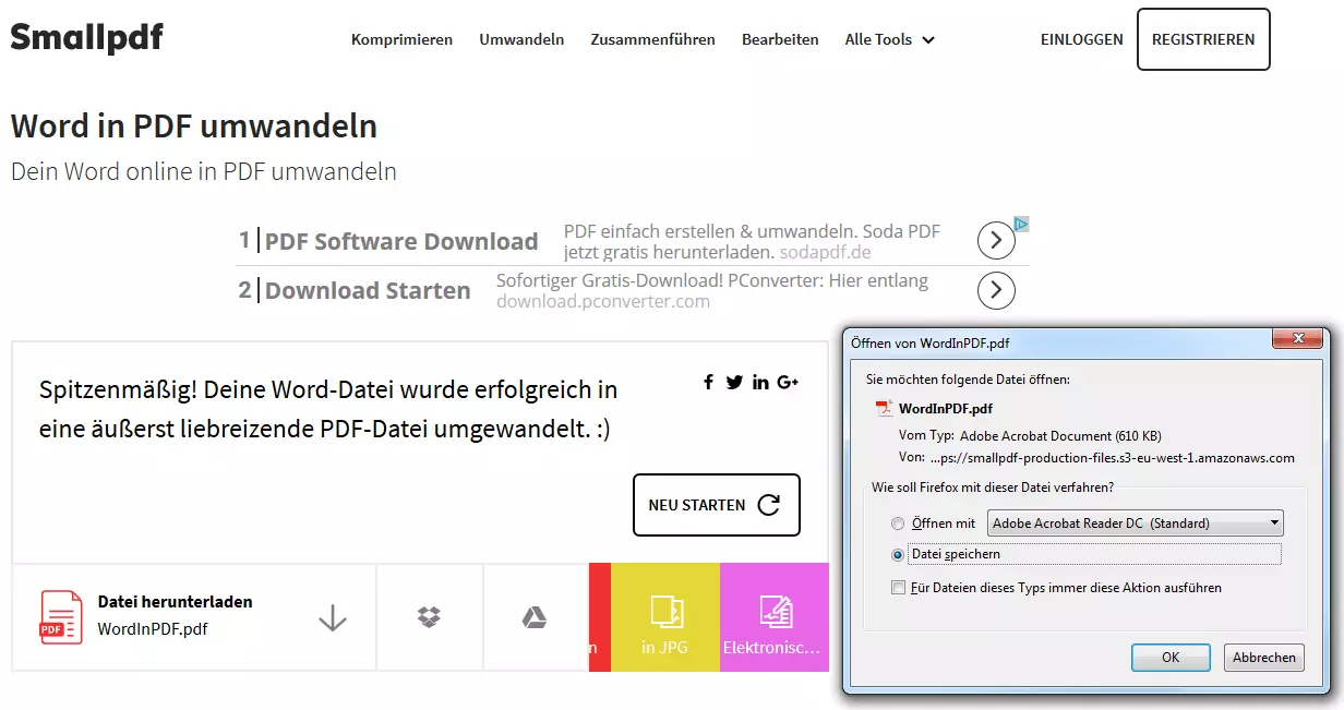 Download-Menü von Smallpdf