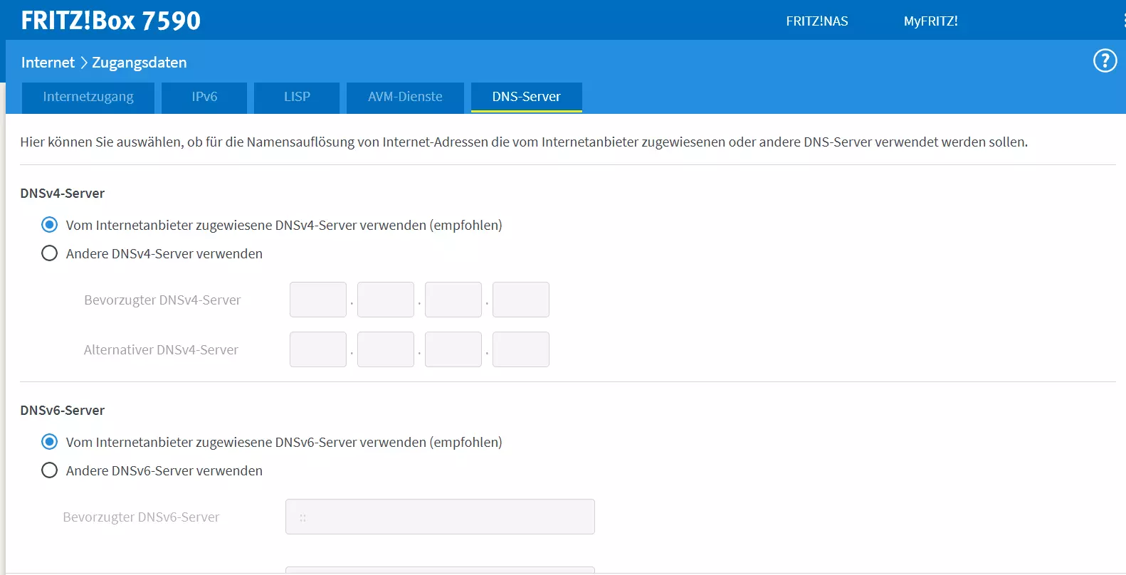 Administrations-Interface des Routers Fritz!Box 7590 mit Einstellungen für die DNS-Server