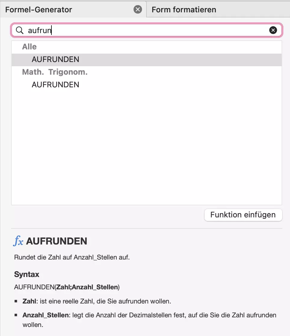 Excel: Funktion AUFRUNDEN im Formelgenerator