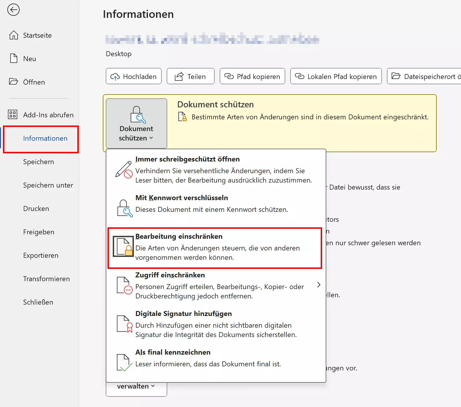 Menüpunkt „Bearbeitung einschränken“ in Word