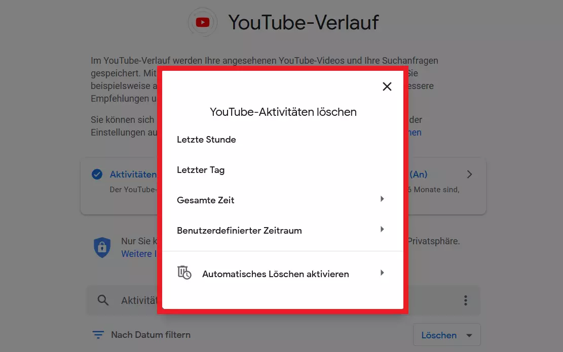 Dialog „YouTube-Aktivitäten löschen“