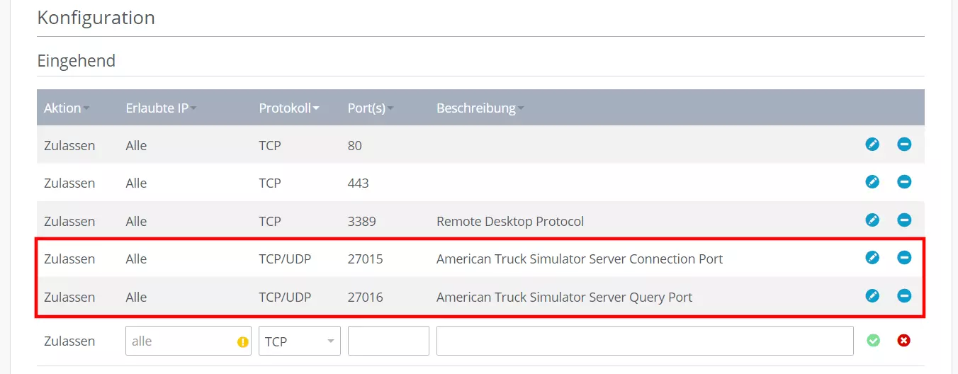 Port für ATS-Server freigeben im IONOS Cloud Panel