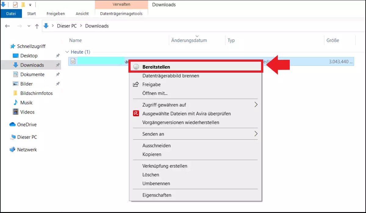 Der „Bereitstellen“-Befehl im Kontext-Menü der ISO-Datei