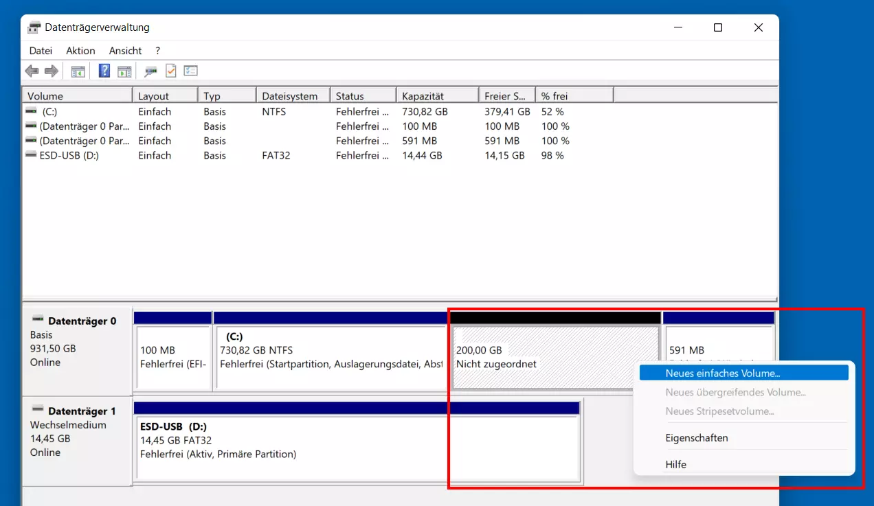 Windows-11-Datenträgerverwaltung: Nicht zugeordneter Speicher