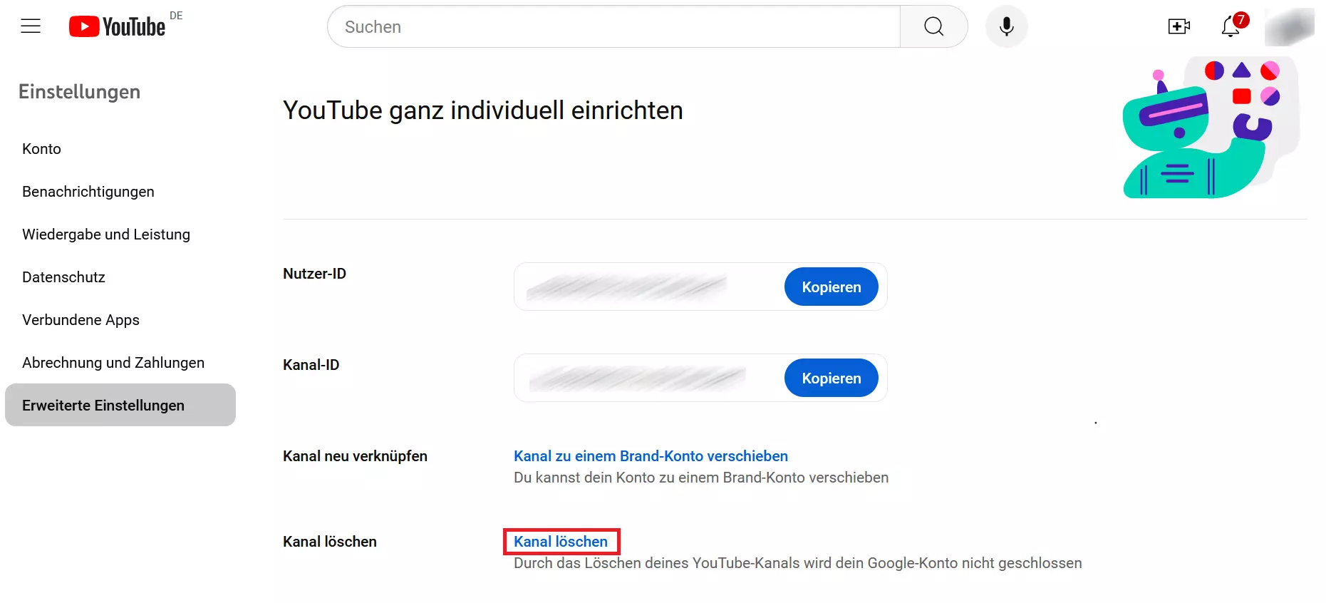 „Kanal löschen“ in den erweiterten Einstellungen von YouTube