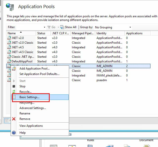 IIS-Manager, Application Pools: Kontextmenü, Punkt „Grundeinstellungen“