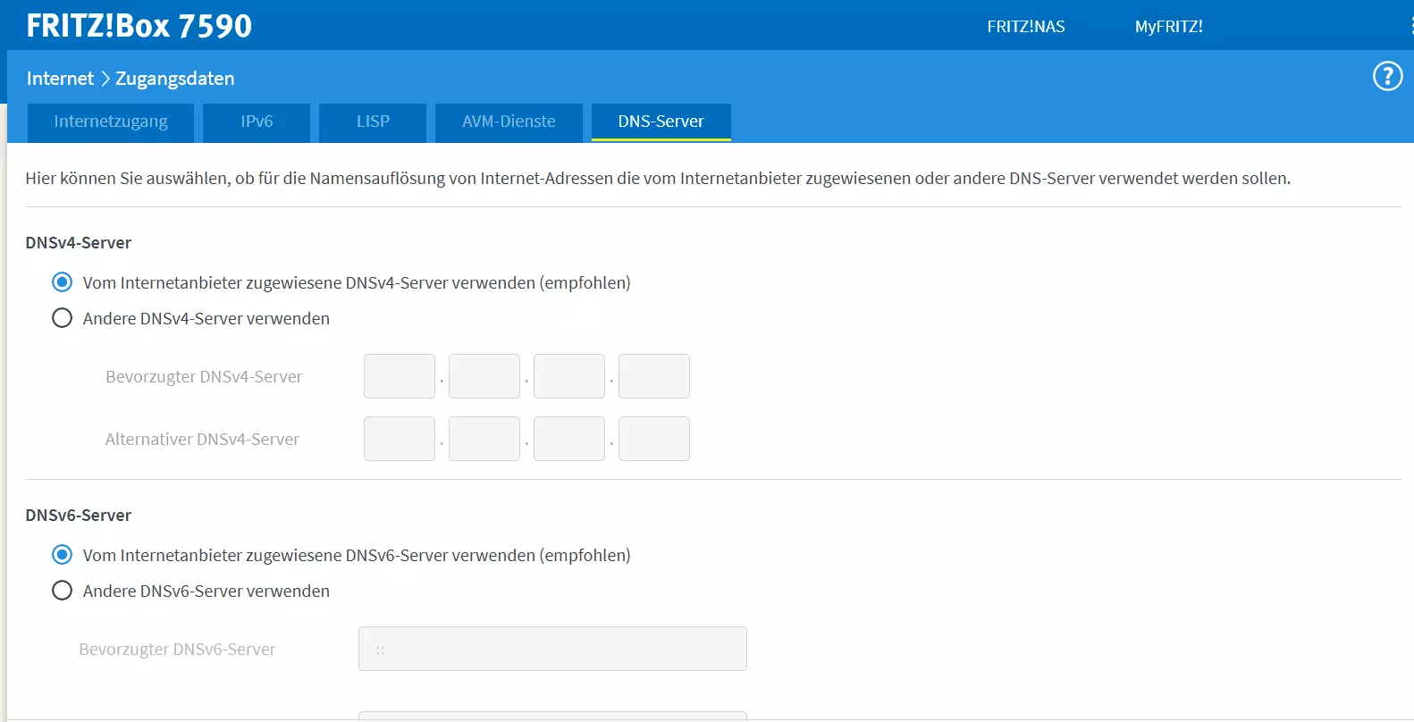 DNS-Einstellungen im Administrationsbereich einer Fritz!Box