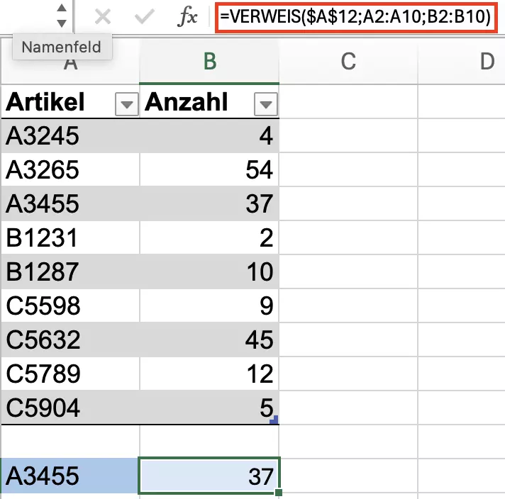 VERWEIS in Excel: Beispiel Suchformular