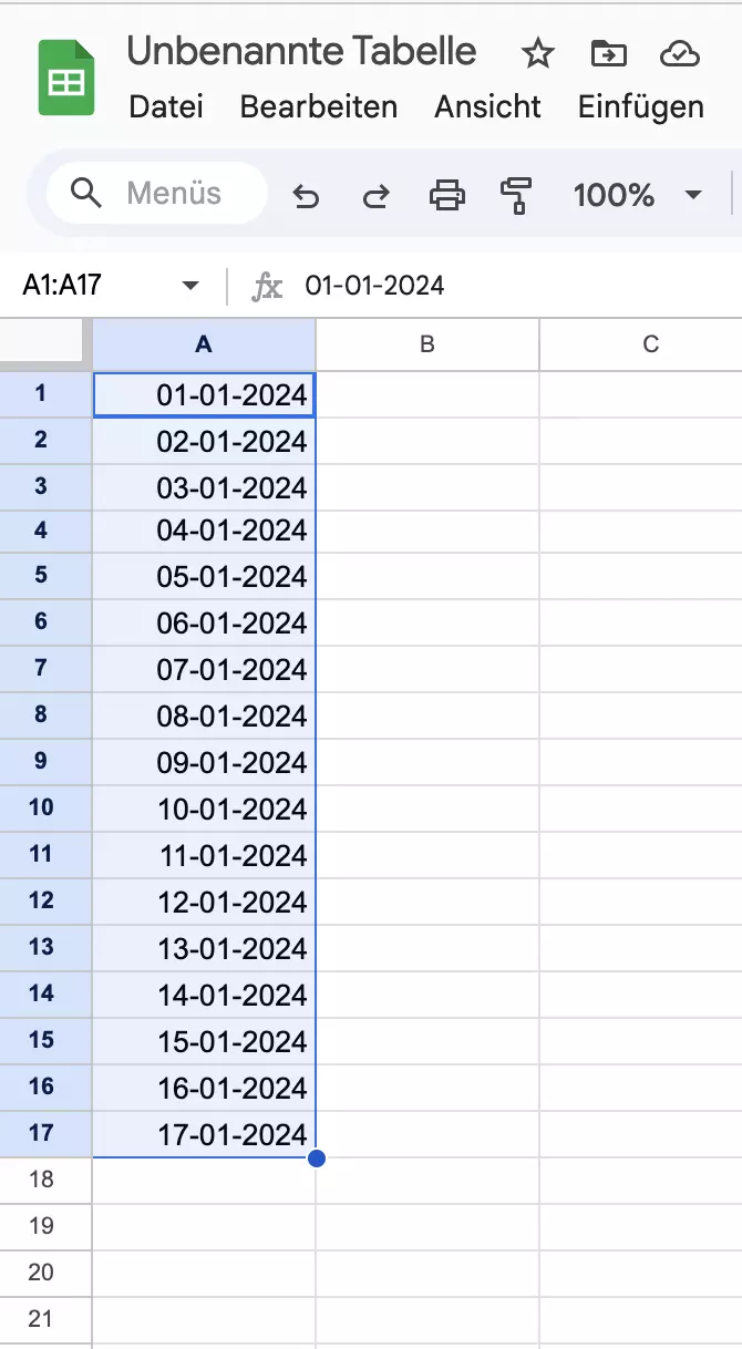 Screenshot von Google Sheets, nachdem die Daten vervollständigt wurden