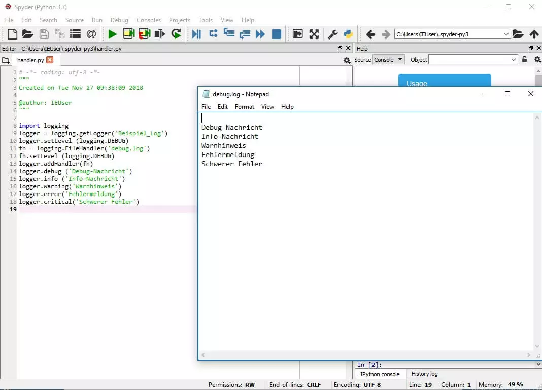 Python-Editor mit Logging-Funktionen und Log-Datei mit Log der Nachrichten verschiedener Melde-Level