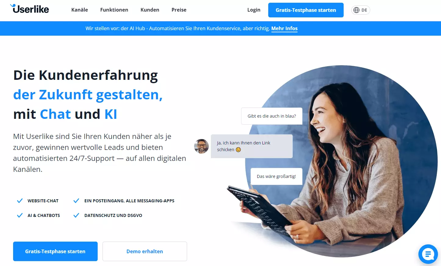 Screenshot von der Userlike-Homepage