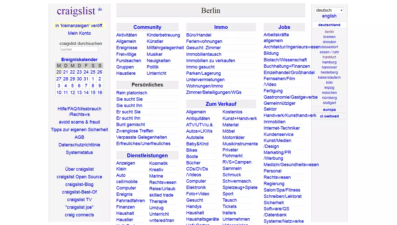 Die Startseite des Suchportals Craigslist