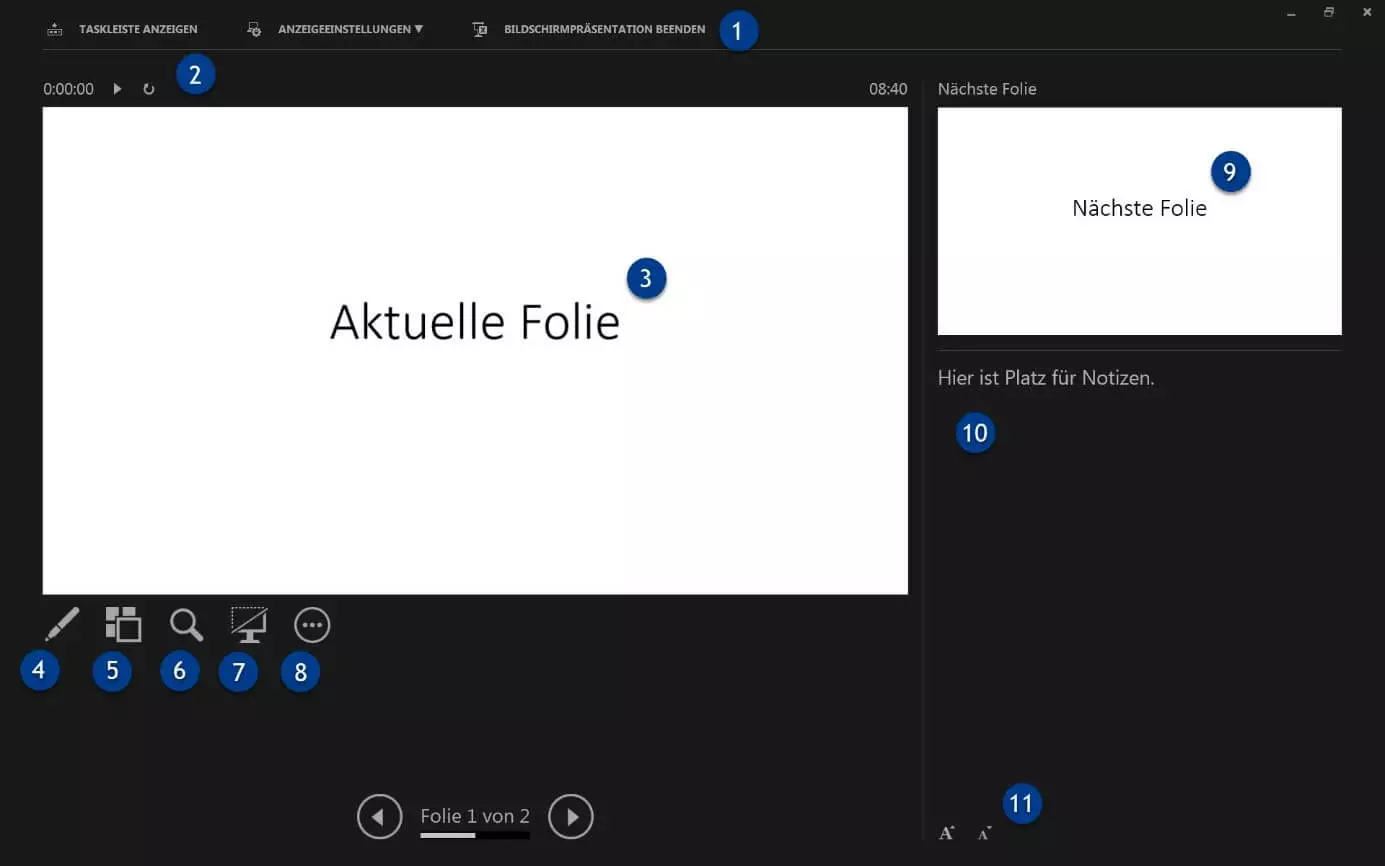 PowerPoint-Präsentationsmodus mit Funktionen