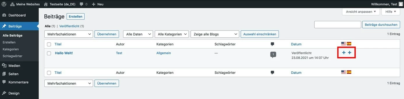 Flaggen bei Beiträgen und Seiten durch das Multisite Language Switcher Plugin