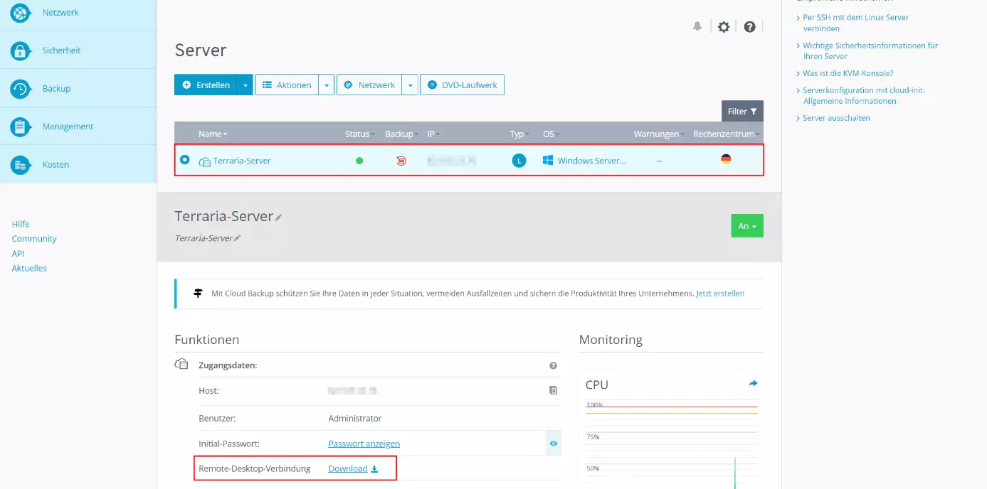 IONOS Cloud Panel: Server-Übersicht