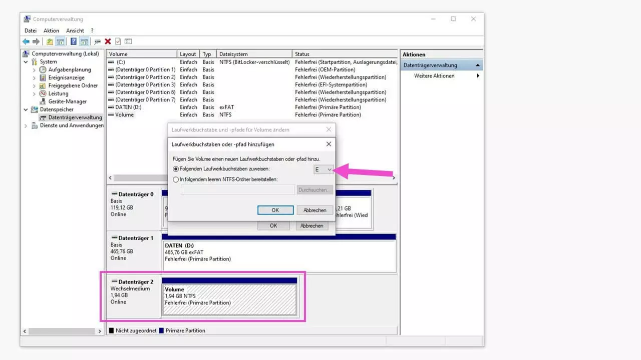 Laufwerksbuchstaben auswählen in der Datenträgerverwaltung.