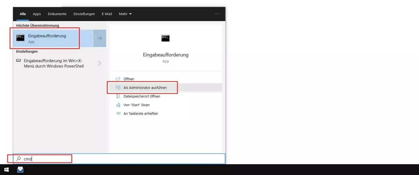 Windows 10: Suchergebnis für „cmd“