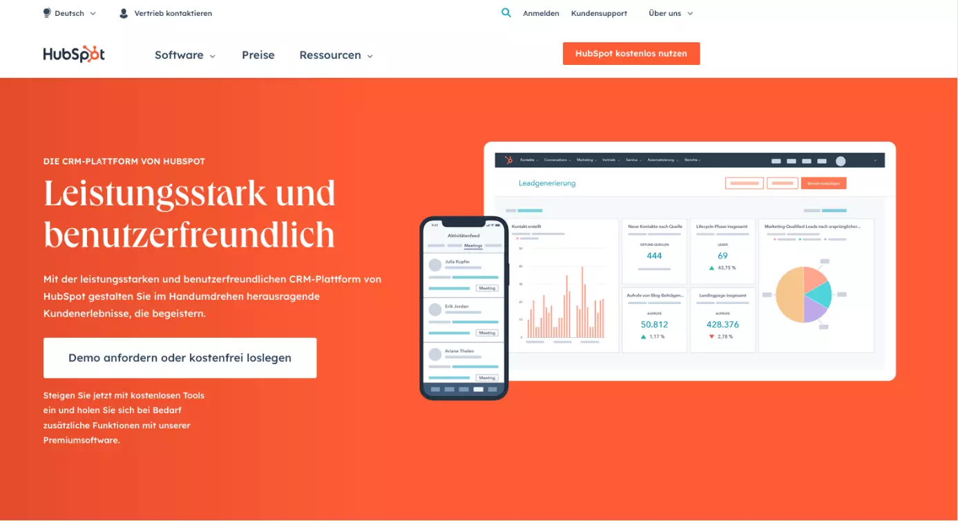 Screenshot der offiziellen Website von HubSpot