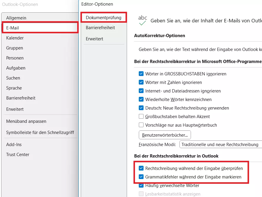 Outlook: Menü „Editoroptionen“