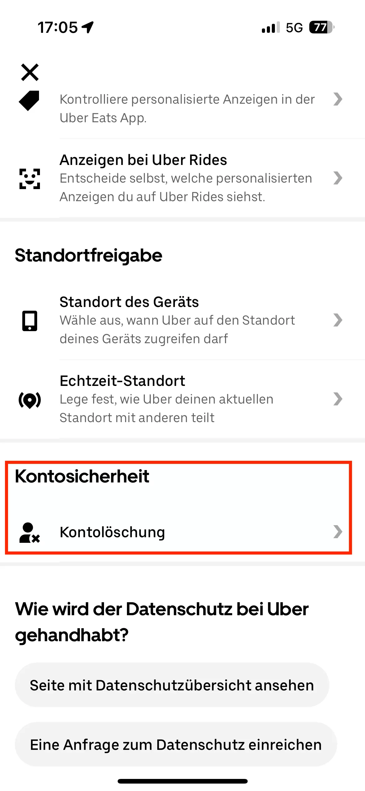 Screenshot der Lösch-Option in der Uber-App