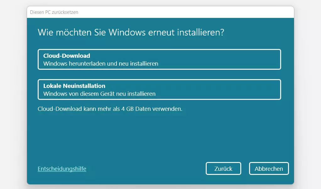 Windows 11 zurücksetzen: Installationsquelle bestimmen