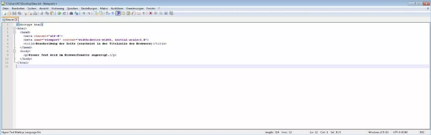 Beispiel-HTML-Dokument in Notepad++