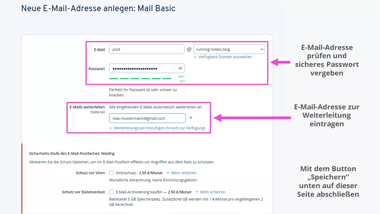 Ansicht „Mail Basic anlegen und weiterleiten“