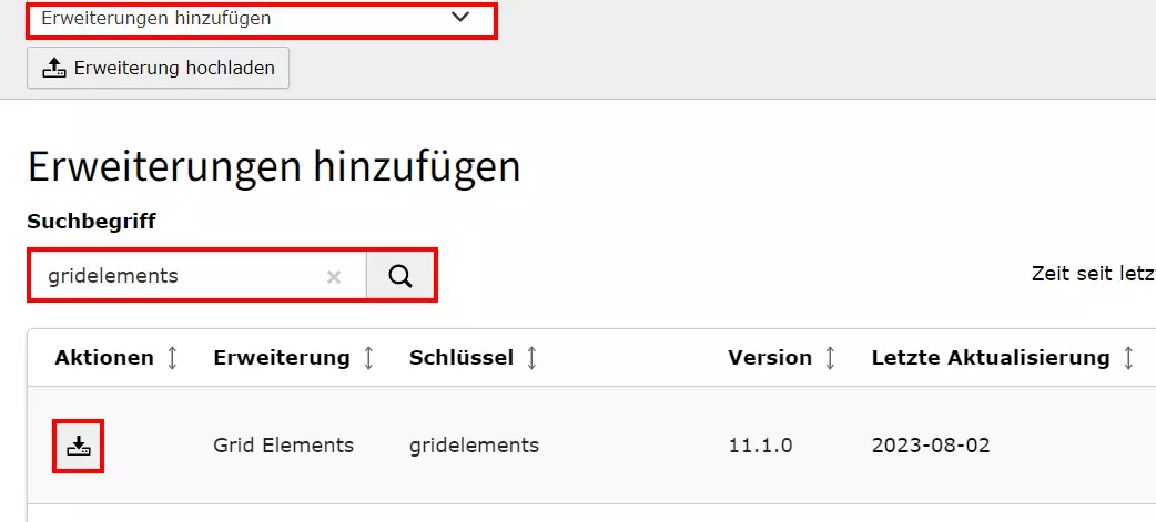 TYPO3: Grid Elements im Erweiterungsmanager