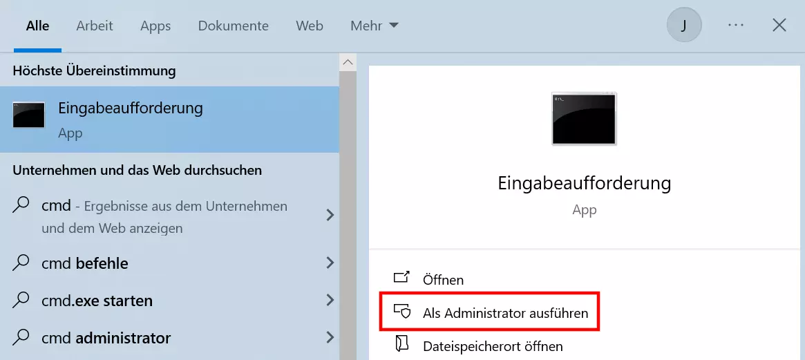 Windows-10-Suche nach der Eingabeaufforderung