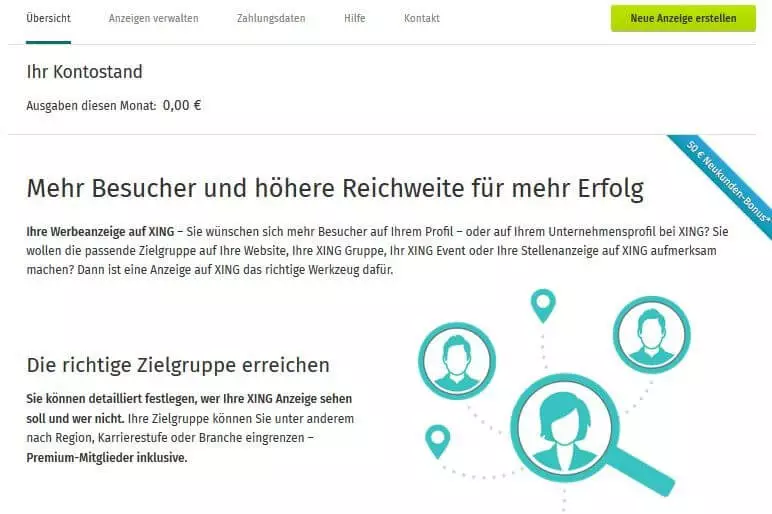 Bild zeigt Startseite des AdManagers mit dem „Neue Anzeige erstellen“-Button und dem Kontostand des Nutzers