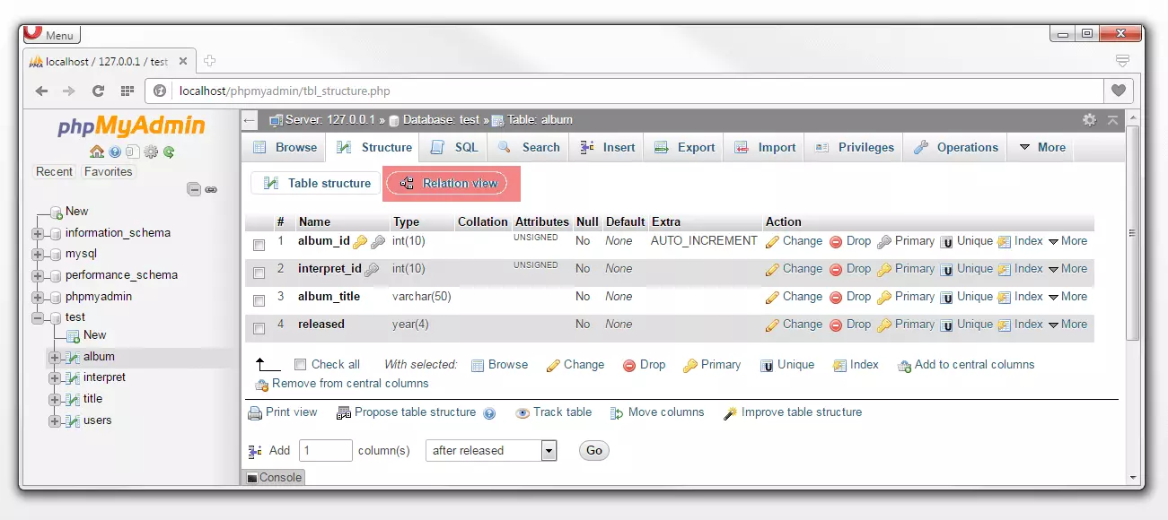 phpMyAdmin: Tab „Structure“, Schaltfläche „Relation view“