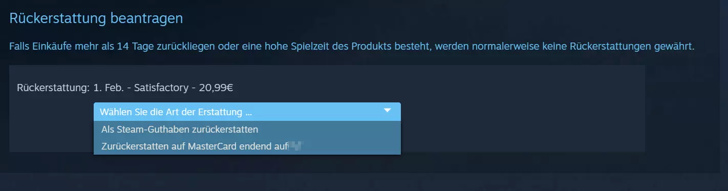 Informationen zur Rückerstattung eines Spiels bei Steam