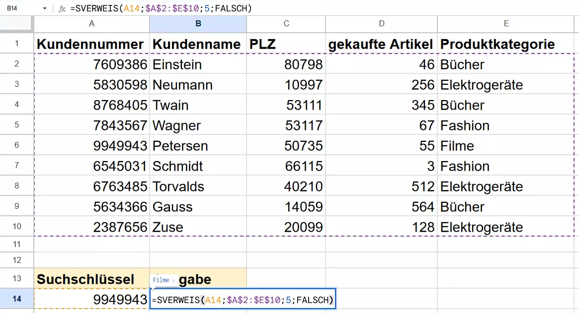 SVERWEIS in Google Sheets