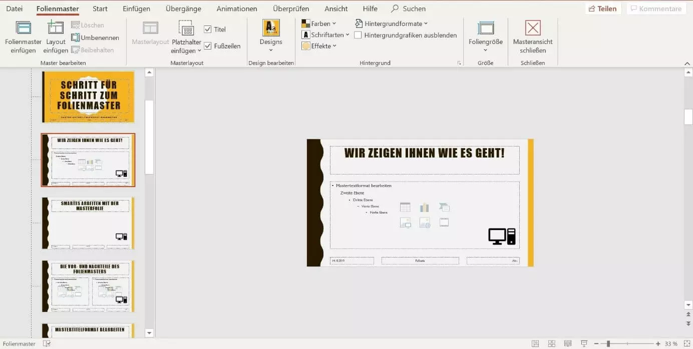 Bearbeitung der unterschiedlichen Folienlayouts bei PowerPoint 2019