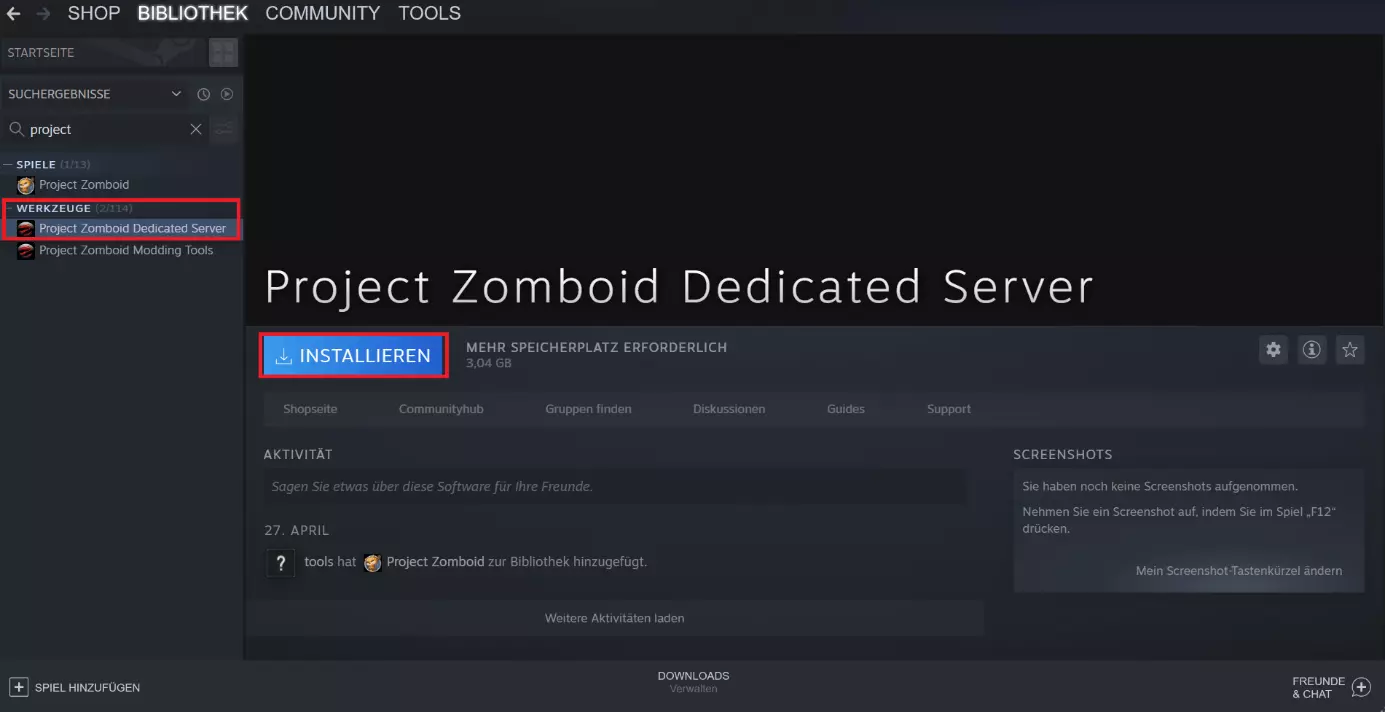 Startseite der Project-Zomboid-Dedicated-Server-Anwendung bei Steam