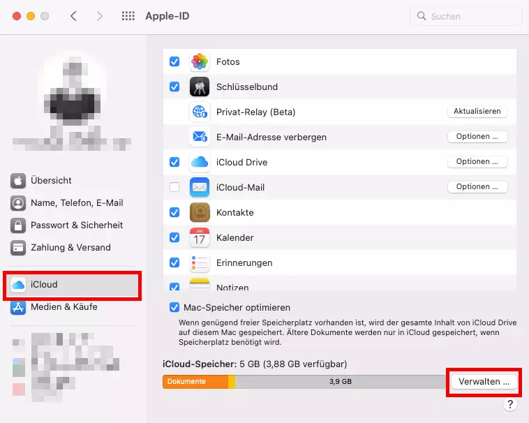 Screenshot der iCloud-Einstellungen auf einem Mac