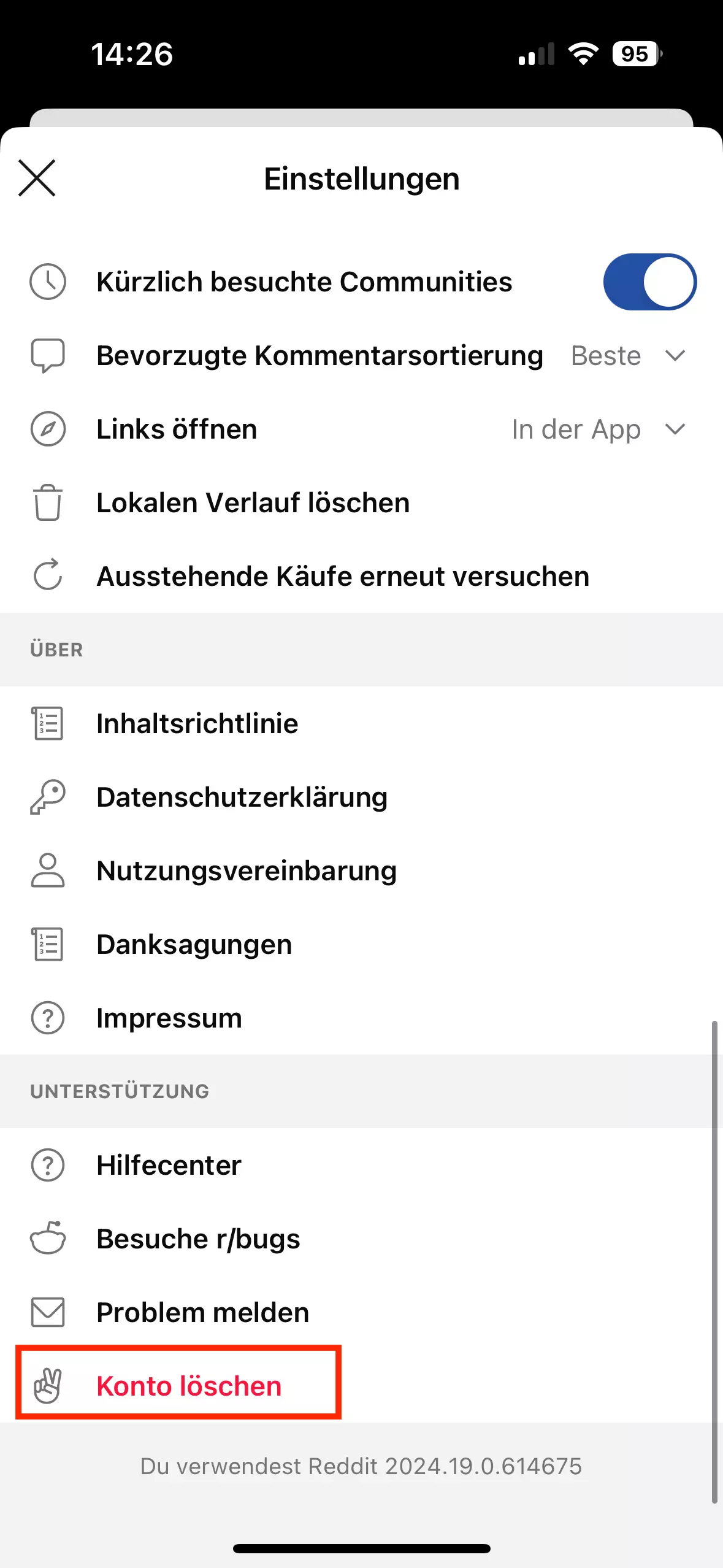 Reddit: Konto löschen in der App