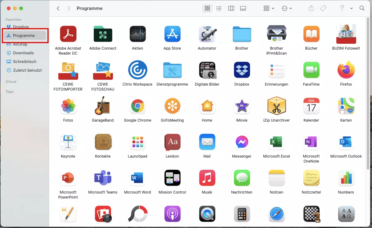 Finder-Ansicht Programme