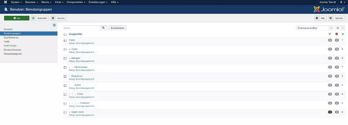Vorgefertigte Benutzergruppen in Joomla