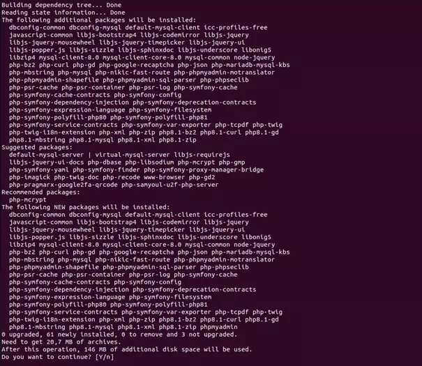 Ubuntu-Terminal während der Installation von phpMyAdmin