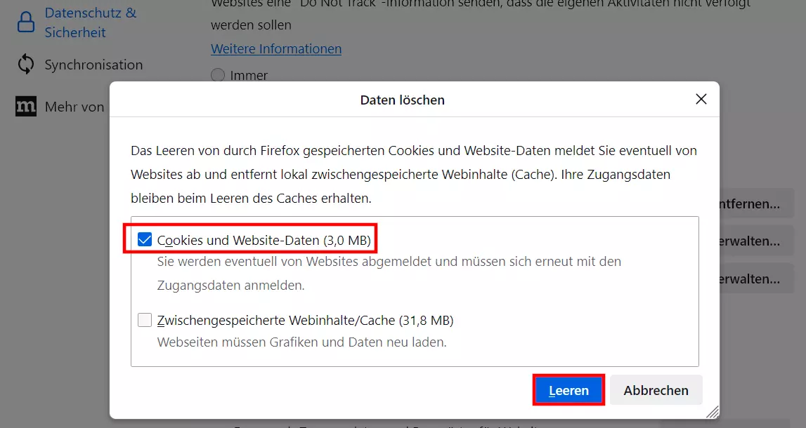 Firefox: Cookies löschen