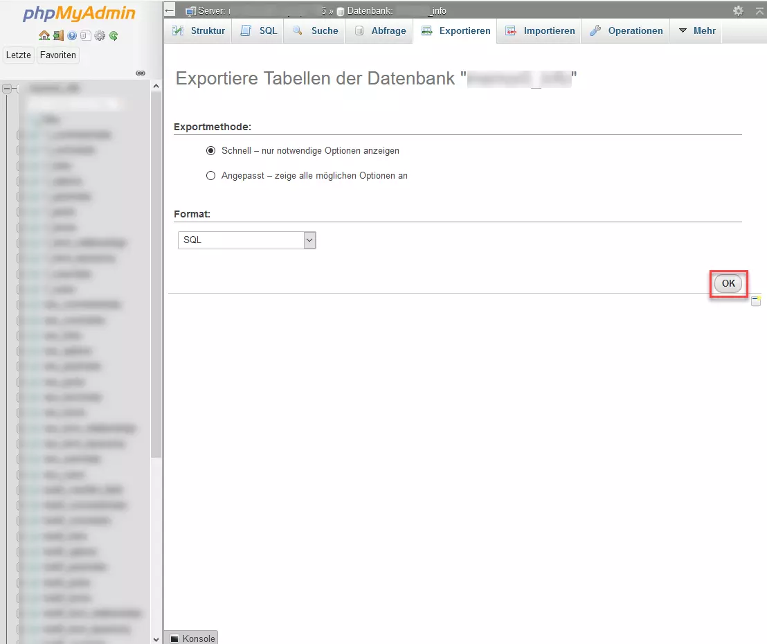 phpMyAdmin – Tabellen der Datenbank exportieren