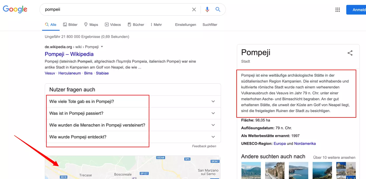 SERP für die Suchanfrage „pompeii“ auf google.de