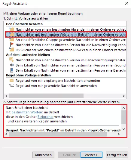 Outlook-Regel-Assistent: Auswahl der Regelvorlage