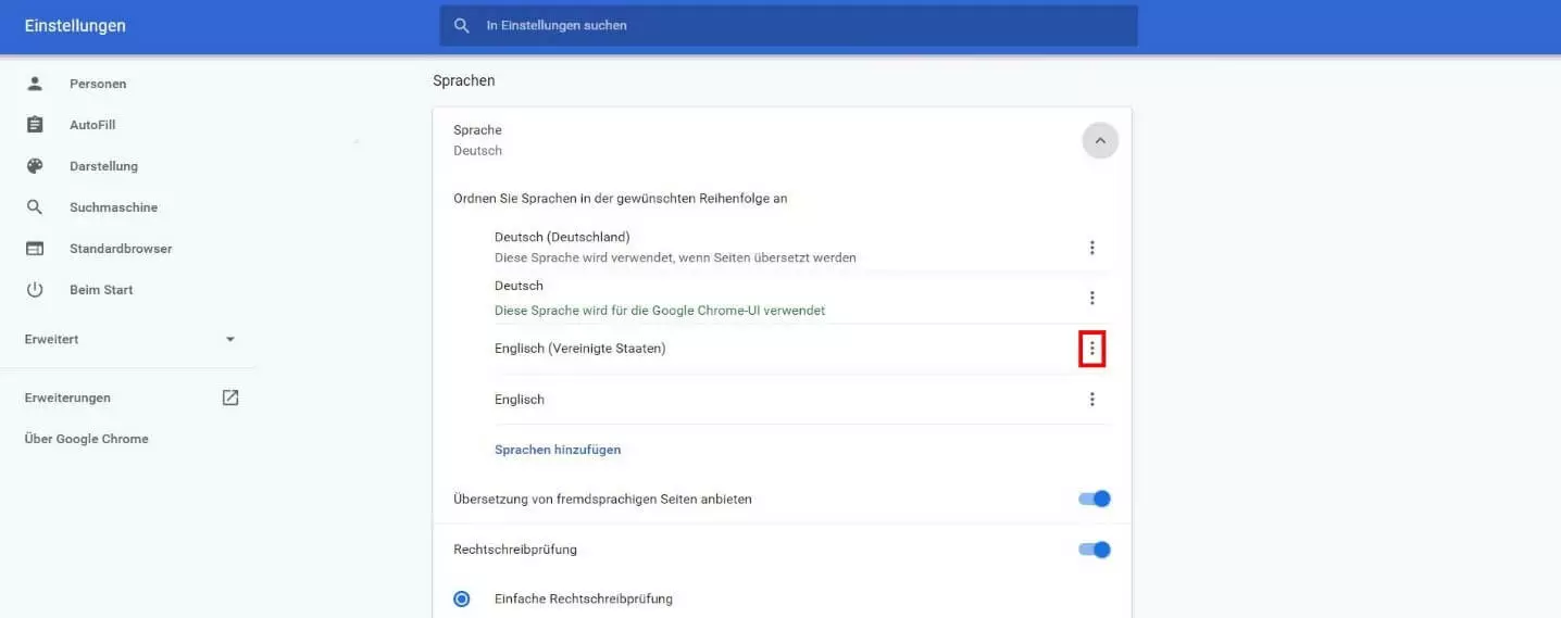 Sprache auswählen „Sprachen“-Menü im Browser Google-Chrome